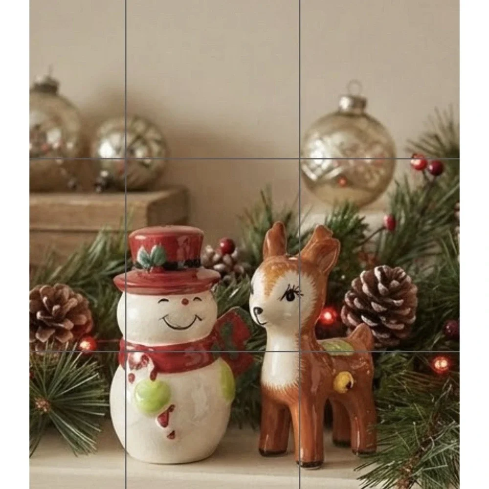 Vintage Christmas Snowman Reindeer Salt Pepper Shakers Ceramic Holiday Set